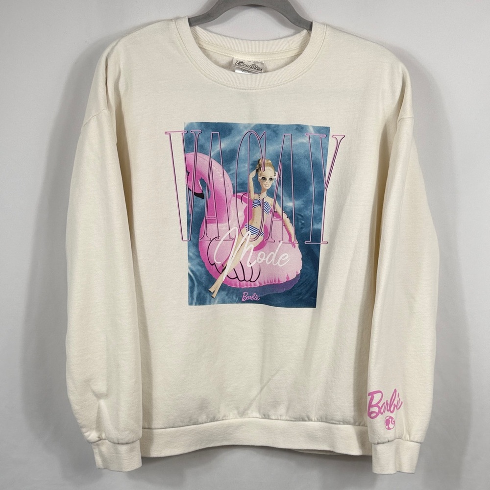 Barbie Pink‎ and Cream Vacay Mode Crew Neck Sweatshirt. Womens size L. Fun! Soft